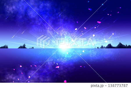 幻想的な夜明けの海と星空に舞う花びらの抽象背景 幻想的な夜明けの海と星空に舞う花びらの抽象背景 138773787