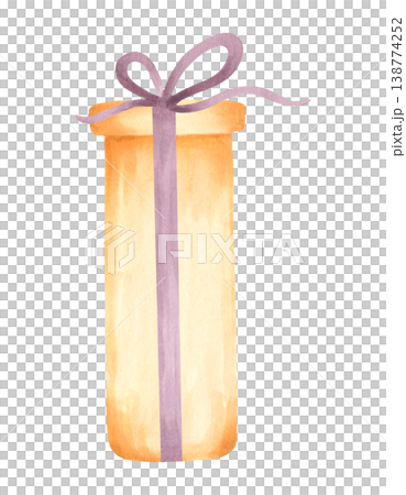 Brown gift box decorated with a purple bow. Watercolor illustration. Hand drawn isolated art. Ideal for New Year's and holiday designs, cards, Christmas and holiday invitations and gifts 138774252