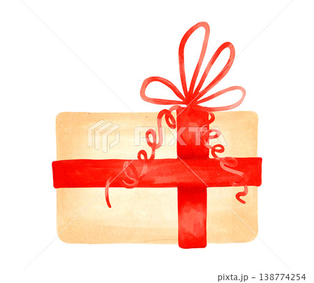 Brown gift box decorated with a red bow. Watercolor illustration. Hand drawn isolated art. Perfect for New Year and holiday designs, cards and invitations for Christmas and winter holidays Brown gift box decorated with a red bow. Watercolor illustration. Hand drawn isolated art. Perfect for New Year and holiday designs, cards and invitations for Christmas and winter holidays 138774254