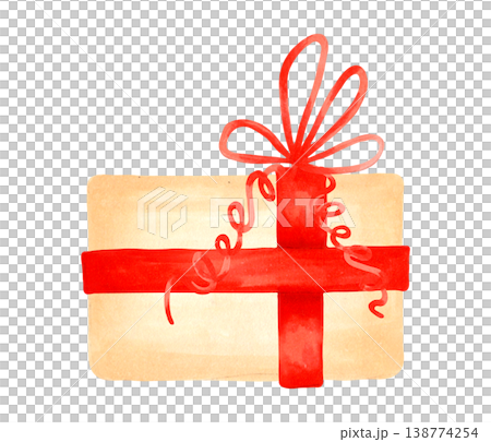 Brown gift box decorated with a red bow. Watercolor illustration. Hand drawn isolated art. Perfect for New Year and holiday designs, cards and invitations for Christmas and winter holidays 138774254