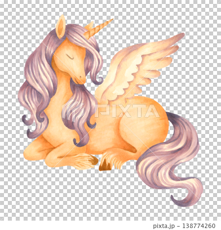 Watercolor illustration of a cute fantasy unicorn. Pastel fairytale creature for children. Hand drawn art. Pony for a nursery. Horse for greeting cards for a baby shower or children birthday party. 138774260