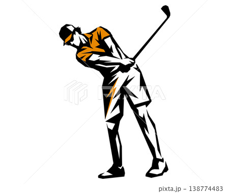 ゴルフスイングをする男性のステンシル風シルエットイラスト 138774483