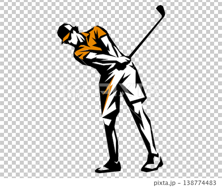 ゴルフスイングをする男性のステンシル風シルエットイラスト 138774483