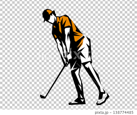 Stencil-style silhouette illustration of a man swinging a golf club. 138774485