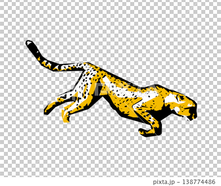 A stencil-style silhouette illustration of a cheetah running at full speed. 138774486