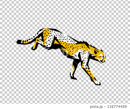 A stencil-style silhouette illustration of a cheetah running at full speed. 138774489