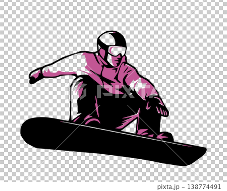 Stencil-style silhouette illustration of a man jumping on a snowboard. 138774491