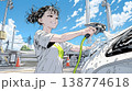晴れた日に洗車をする若い女性｜青空と水しぶきの爽やかなライフスタイルシーン 138774618