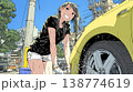 晴れた日に洗車をする若い女性｜青空と水しぶきの爽やかなライフスタイルシーン 138774619