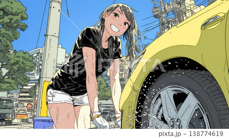 晴れた日に洗車をする若い女性｜青空と水しぶきの爽やかなライフスタイルシーン