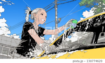 晴れた日に洗車をする若い女性｜青空と水しぶきの爽やかなライフスタイルシーン 138774620