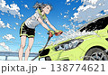 晴れた日に洗車をする若い女性｜青空と水しぶきの爽やかなライフスタイルシーン 138774621