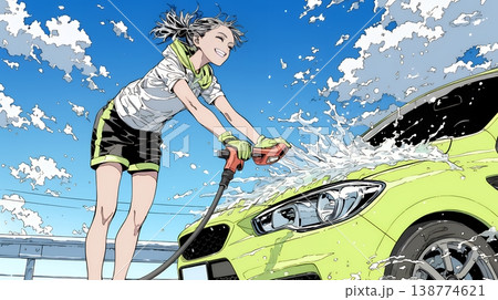 晴れた日に洗車をする若い女性｜青空と水しぶきの爽やかなライフスタイルシーン 138774621