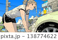 晴れた日に洗車をする若い女性｜青空と水しぶきの爽やかなライフスタイルシーン 138774622