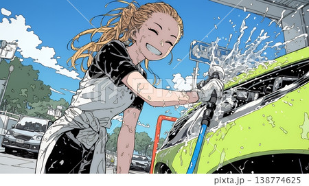 晴れた日に洗車をする若い女性｜青空と水しぶきの爽やかなライフスタイルシーン