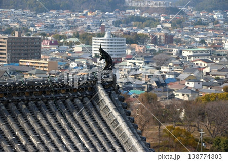 The view of Himeji City from the windows at the top of the tenshu or castle keep of Himeji Castle in Japan The view of Himeji City from the windows at the top of the tenshu or castle keep of Himeji Castle in Japan 138774803