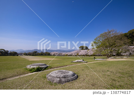 福岡県太宰府市にある太宰府政庁跡と満開の桜 福岡県太宰府市にある太宰府政庁跡と満開の桜 138774817