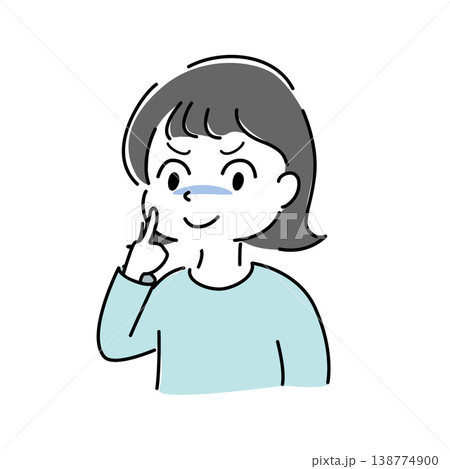 人差し指を口に当ててニヤリと笑う女性のシンプルイラスト（企み・陰険・ニヤリ・秘密・人物素材） 138774900