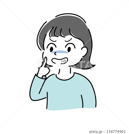 人差し指を口に当てて悪だくみをする女性のシンプルイラスト（企み・陰険・ニヤリ・秘密・人物素材） 138774901