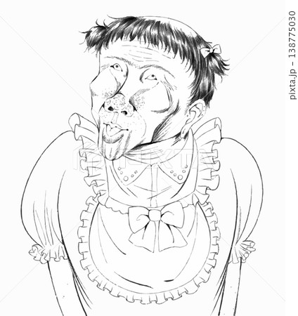 メイド服を着て舌を出す中年男性のモノクロイラスト 女装したおじさんのコミカルな描写 メイド服を着て舌を出す中年男性のモノクロイラスト 女装したおじさんのコミカルな描写 138775030