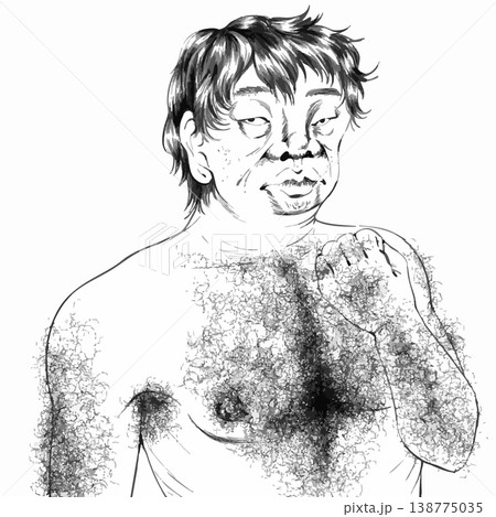 胸毛の濃い中年男性のモノクロイラスト 裸の上半身とリアルな人物描写 138775035