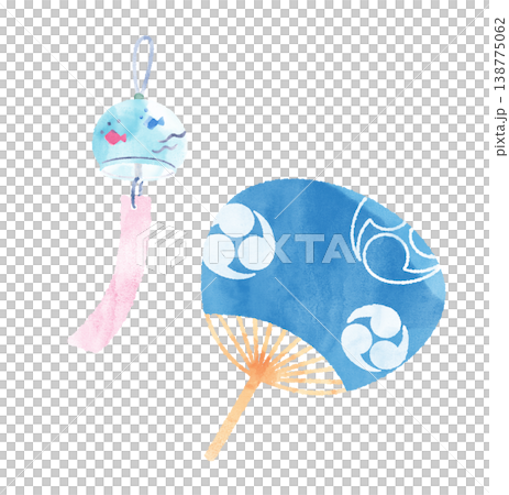 Summer Coolness: Watercolor illustration of a blue fan and wind chimes (transparent background) Summer Coolness: Watercolor illustration of a blue fan and wind chimes (transparent background) 138775062