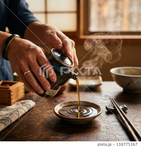 陶器の壺から熟成された醤油を注ぐ手元 陶器の壺から熟成された醤油を注ぐ手元 138775167
