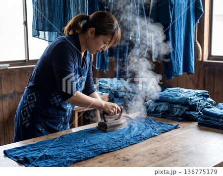 伝統的な藍色のエプロンを着て染め上がった布にアイロンをかける女性 138775179