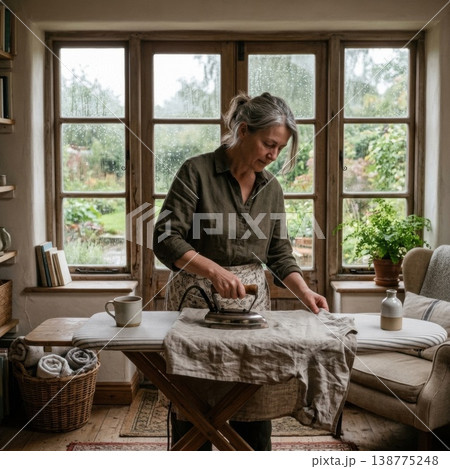 雨の日に穏やかな部屋で手作りリネンにアイロンをかける人 138775248