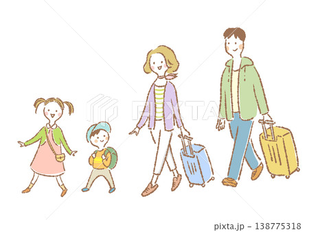 旅行に出かける家族4人の手描き風シンプルイラスト 旅行に出かける家族4人の手描き風シンプルイラスト 138775318