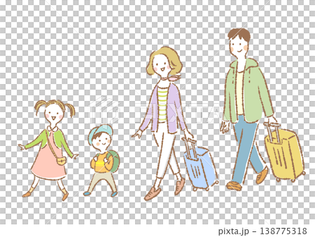 A simple, hand-drawn illustration of a family of four going on a trip. 138775318