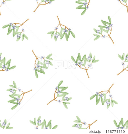 Mistletoe branches with white berries watercolor seamless pattern. Traditional Christmas plant for winter holidays background. Simple botanical backdrop for Happy New Year designs in pastel colors 138775330