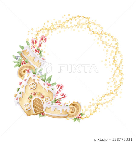 Watercolor Christmas wreath with gingerbread house, candy canes and decorated cakes with mistletoe and light garlands illustration. Traditional desserts round frame clip art in childish cartoon style 138775331