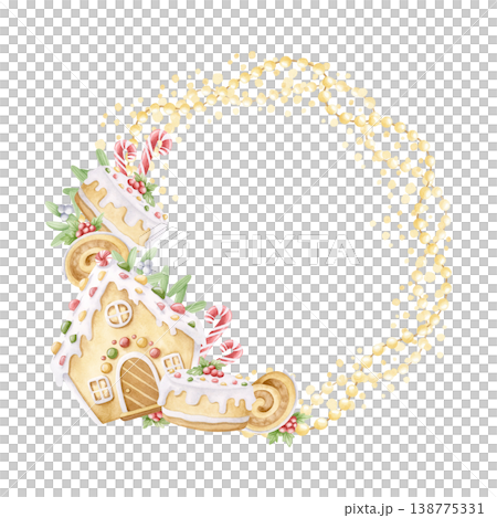 Watercolor Christmas wreath with gingerbread house, candy canes and decorated cakes with mistletoe and light garlands illustration. Traditional desserts round frame clip art in childish cartoon style Watercolor Christmas wreath with gingerbread house, candy canes and decorated cakes with mistletoe and light garlands illustration. Traditional desserts round frame clip art in childish cartoon style 138775331