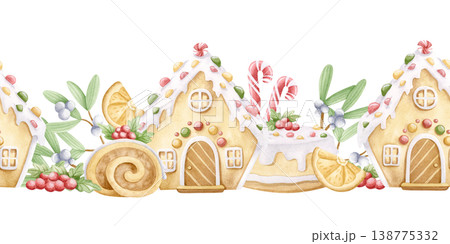 Hand drawn Christmas desserts watercolor seamless border isolated on white. Gingerbread house with candy canes, cakes and mistletoe branches horizontal repeat background. Winter holidays sweet food 138775332
