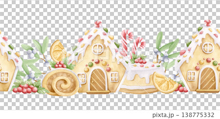Hand drawn Christmas desserts watercolor seamless border isolated on white. Gingerbread house with candy canes, cakes and mistletoe branches horizontal repeat background. Winter holidays sweet food Hand drawn Christmas desserts watercolor seamless border isolated on white. Gingerbread house with candy canes, cakes and mistletoe branches horizontal repeat background. Winter holidays sweet food 138775332