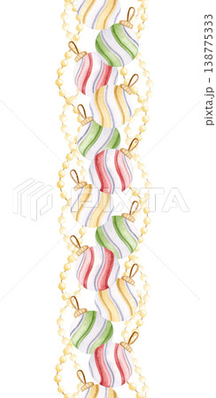 Christmas tree baubles with lights garlands seamless border on white. Hand drawn watercolor striped hanging toys in pastel yellow, red and green. New Year balls ornaments vertical repeat background 138775333