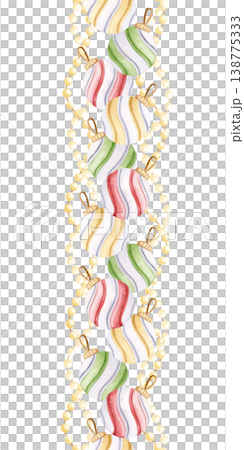 Christmas tree baubles with lights garlands seamless border on white. Hand drawn watercolor striped hanging toys in pastel yellow, red and green. New Year balls ornaments vertical repeat background Christmas tree baubles with lights garlands seamless border on white. Hand drawn watercolor striped hanging toys in pastel yellow, red and green. New Year balls ornaments vertical repeat background 138775333