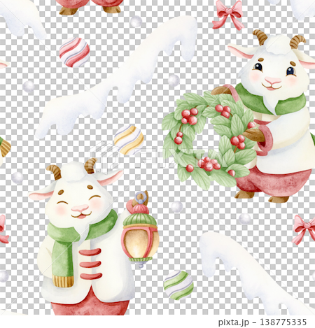 White goat character in winter coat and scarf holding Christmas door wreath and lantern watercolor seamless pattern. Hand drawn cute smiling animal with snow and ornaments for Happy New Year 138775335
