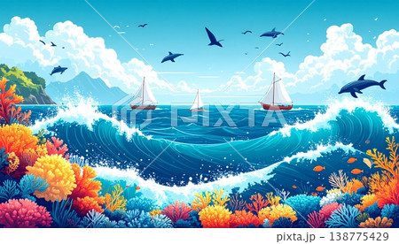 海の日・青い海とヨット・珊瑚礁とイルカが泳ぐ夏の海洋フラットイラスト 138775429