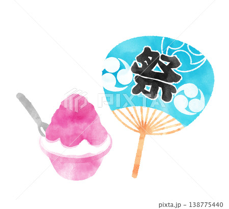 夏の涼味 水色の祭りのうちわといちごのかき氷 水彩イラスト素材 夏の涼味 水色の祭りのうちわといちごのかき氷 水彩イラスト素材 138775440