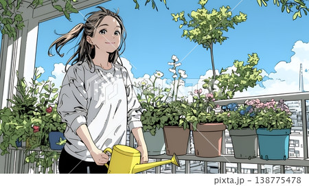 プランターの花に水やりをする若い女性｜ベランダガーデニングと自然を楽しむ爽やかな暮らしシーン 138775478