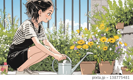 プランターの花に水やりをする若い女性｜ベランダガーデニングと自然を楽しむ爽やかな暮らしシーン 138775481