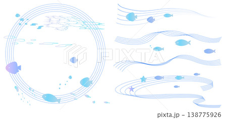 海をイメージしたシンプルな飾り枠線・ラインのイラストセット（波線、波模様、五線譜）　マリン　水面 138775926