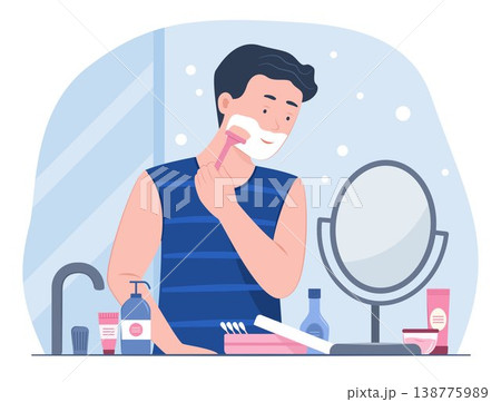 Handsome Man Shaving Mustache in Front of Mirror in Bathroom for Facial Treatment and Healthcare Routine Concept Illustration Handsome Man Shaving Mustache in Front of Mirror in Bathroom for Facial Treatment and Healthcare Routine Concept Illustration 138775989