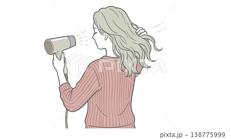 ドライヤーで髪を乾かす女性 ルームウェアのヘアケアイラスト 138775999