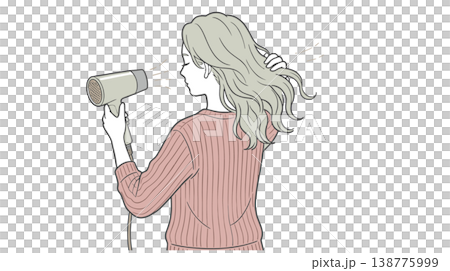 ドライヤーで髪を乾かす女性 ルームウェアのヘアケアイラスト 138775999