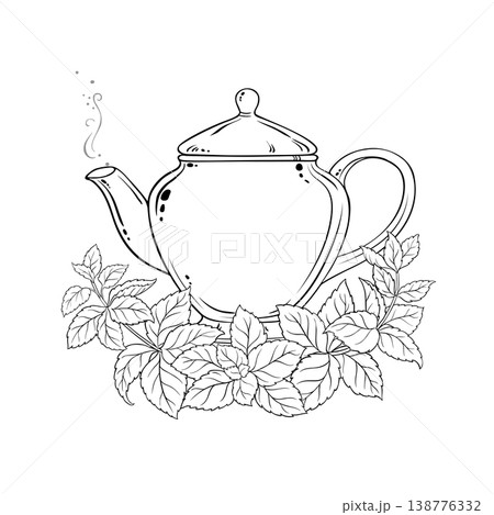 Melissa Tea in Teapot Outline Illustration. 138776332