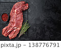 Closeup raw onglet hanger steak on metal grate over black textured surface, rich red meat with visible fibers and fat, ideal for barbecue and cooking 138776791