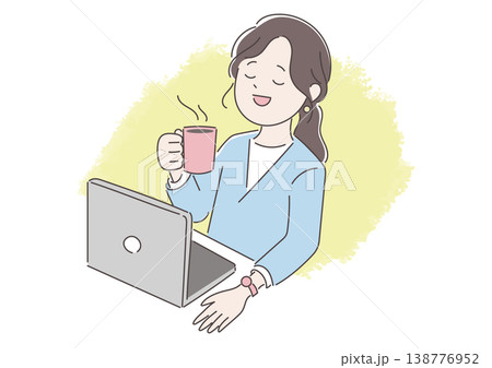 パソコン前でコーヒーを飲んでリラックスしている女性のイラスト パソコン前でコーヒーを飲んでリラックスしている女性のイラスト 138776952